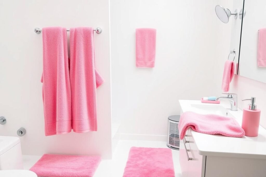 Bathroom with pink towels, bath mat, and coordinating accessories