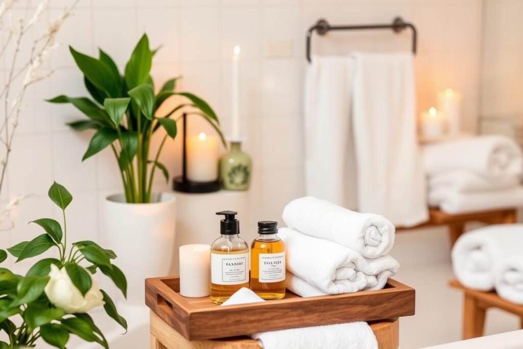 Bathroom with spa-like accessories including plants, candles, natural elements, and plush towels Bathroom with spa-like accessories including plants, candles, natural elements, and plush towels