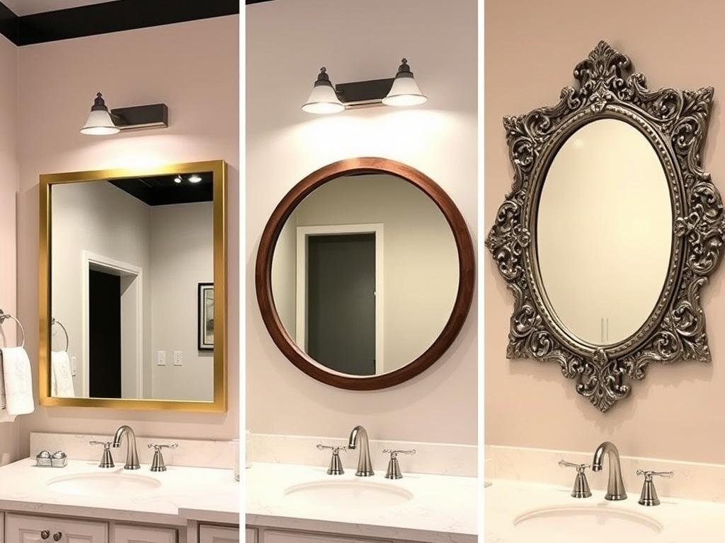 Bathroom with three different framed mirrors showcasing various styles Bathroom with three different framed mirrors showcasing various styles