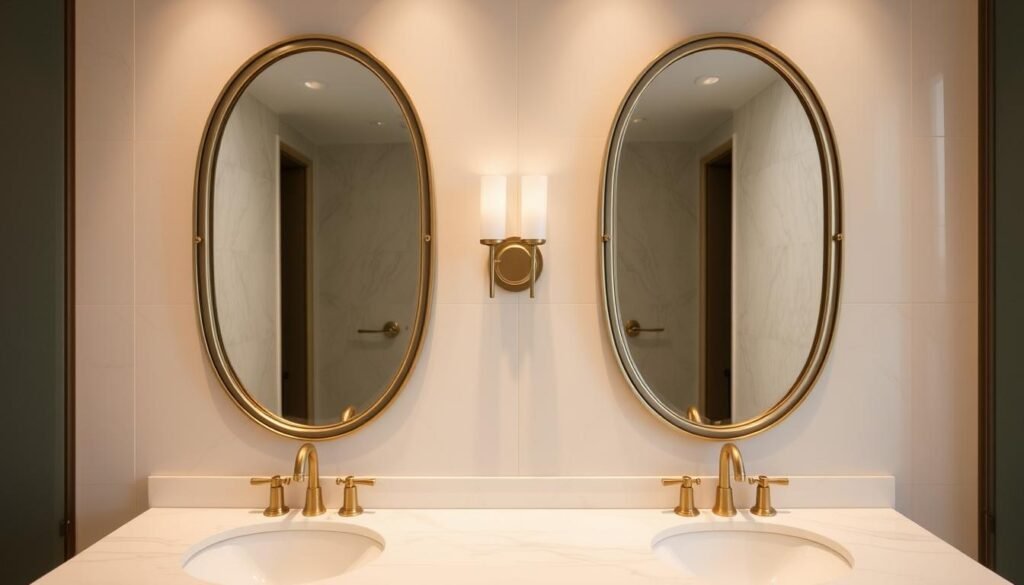 Bathroom with two identical mirrors above a double vanity creating perfect symmetry Bathroom with two identical mirrors above a double vanity creating perfect symmetry