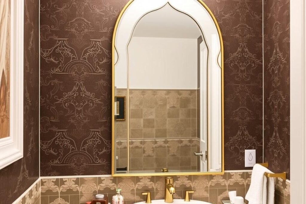 Bathroom with uniquely shaped mirror featuring an arch top and decorative frame Bathroom with uniquely shaped mirror featuring an arch top and decorative frame