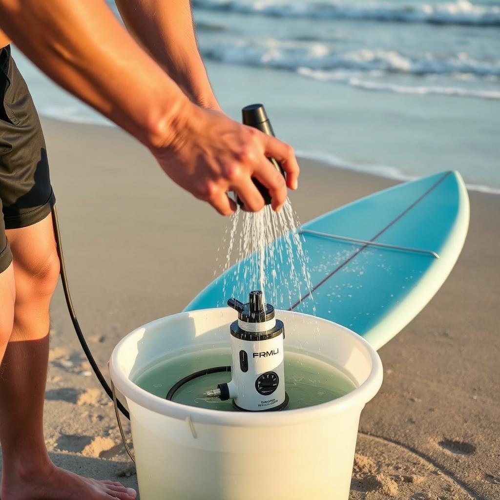 Battery-powered portable shower being used to rinse surfboard at beach