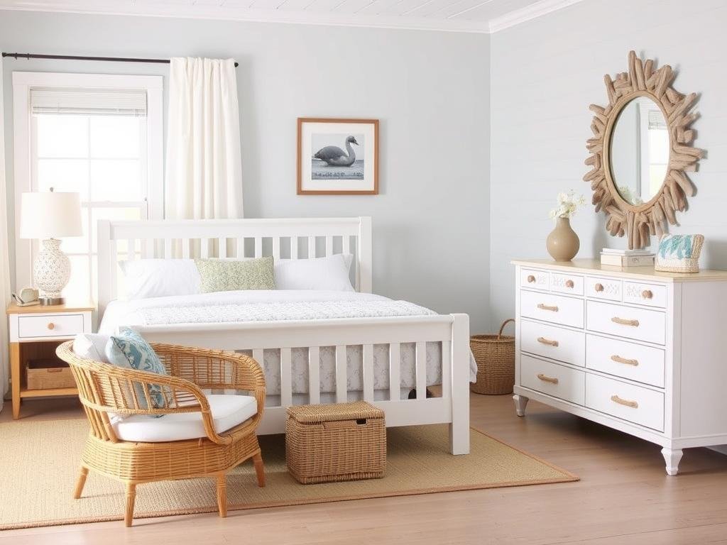 Beach bedroom furniture arrangement showing white or natural wood pieces with coastal styling