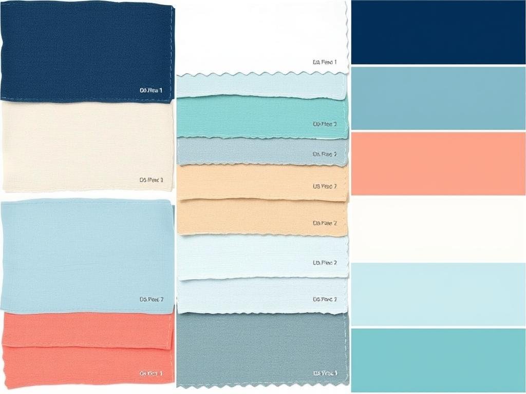 Beach room decor color palette showing various shades of blue, sandy beige, white, and soft coral accents