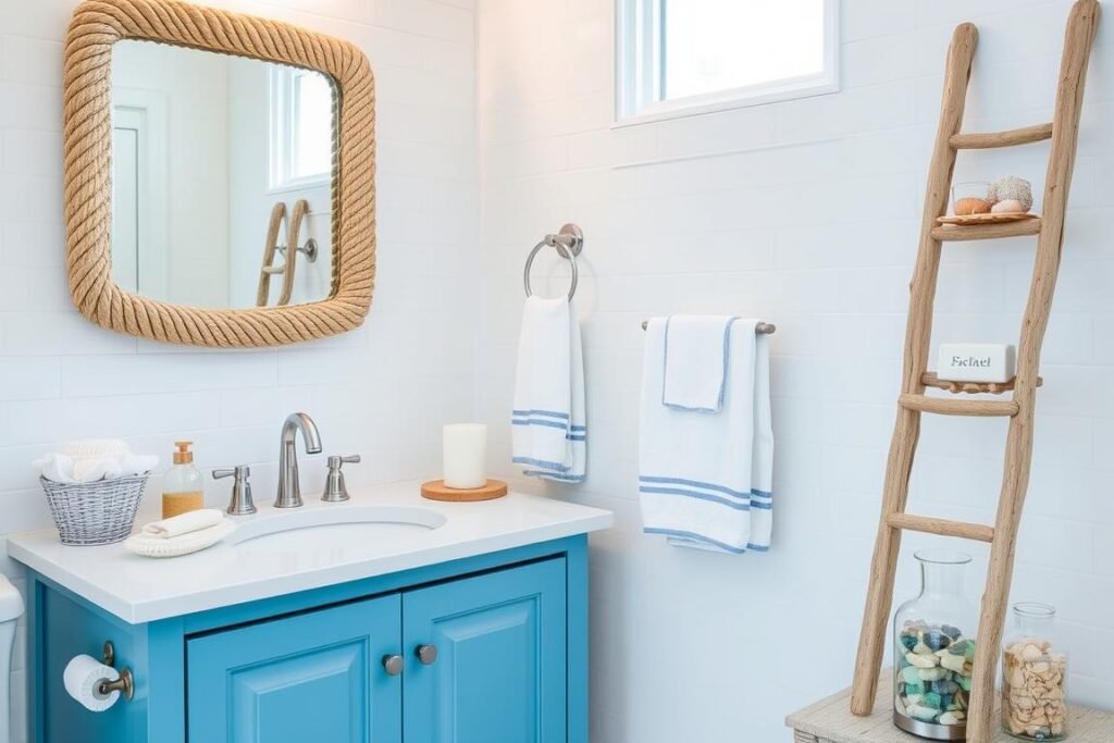 Beach-themed bathroom with blue and white color scheme, shell accents, and natural textures