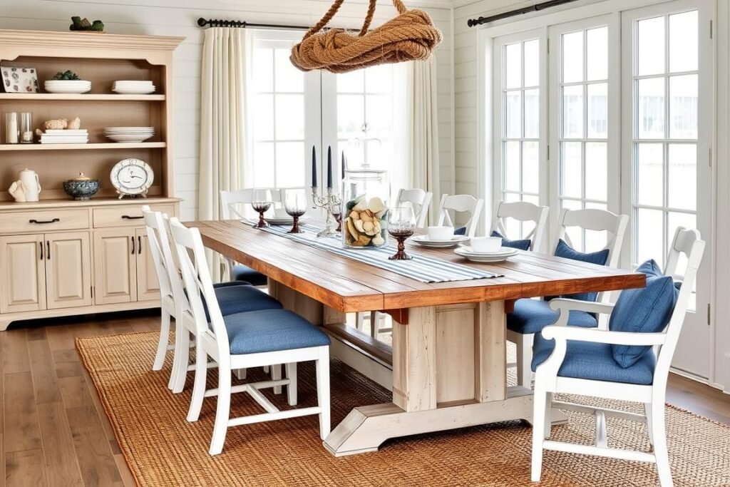 Beach-themed dining area with natural wood table, blue and white place settings, and coastal centerpiece