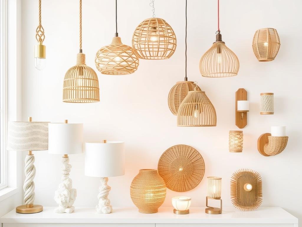 Beach-themed lighting fixtures including rope pendant lights, shell lamps, and natural material sconces