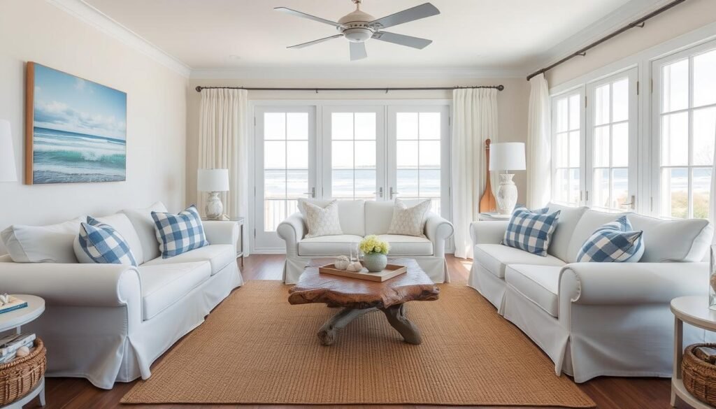 Beach-themed living room with white slip-covered furniture, blue accents, and natural textures