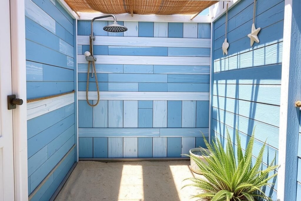 Beach-themed outdoor shower with blue and white color scheme Beach-themed outdoor shower with blue and white color scheme