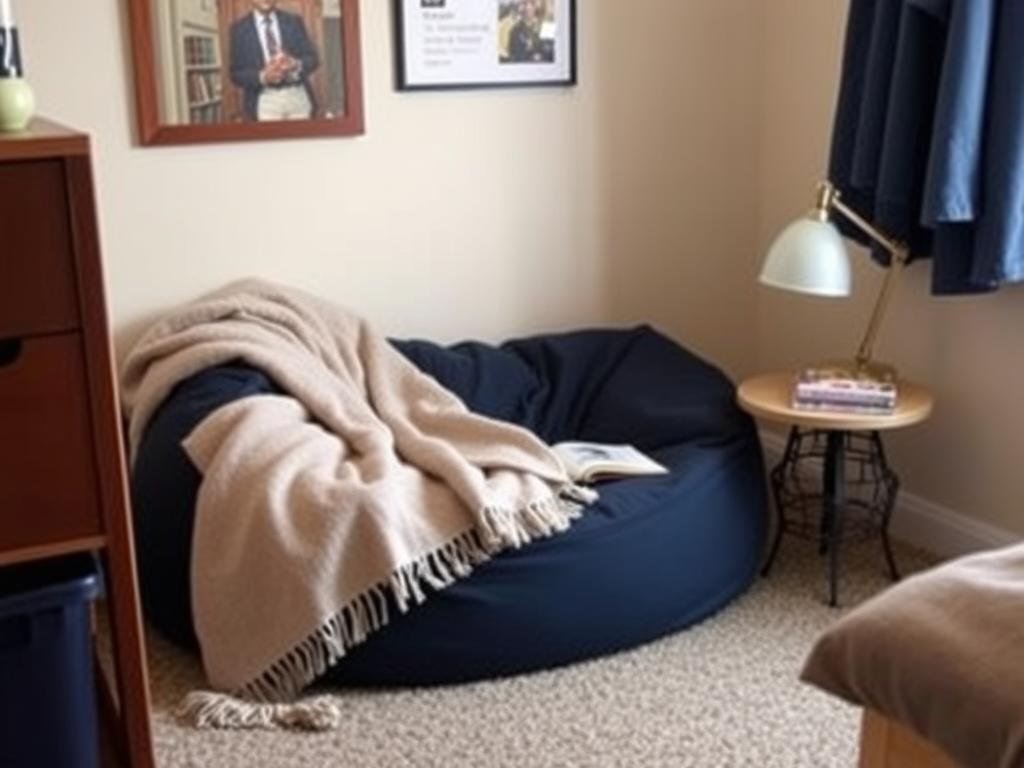 Bean bag chair in corner of dorm room with throw blanket Bean bag chair in corner of dorm room with throw blanket