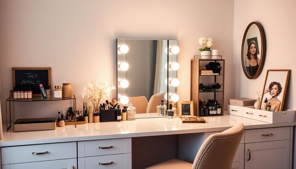 Beautiful complete vanity mirror setup with perfect lighting and styling Beautiful complete vanity mirror setup with perfect lighting and styling