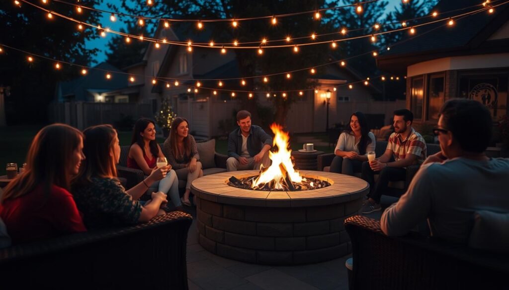 Beautiful evening gathering around a fire pit with string lights Beautiful evening gathering around a fire pit with string lights