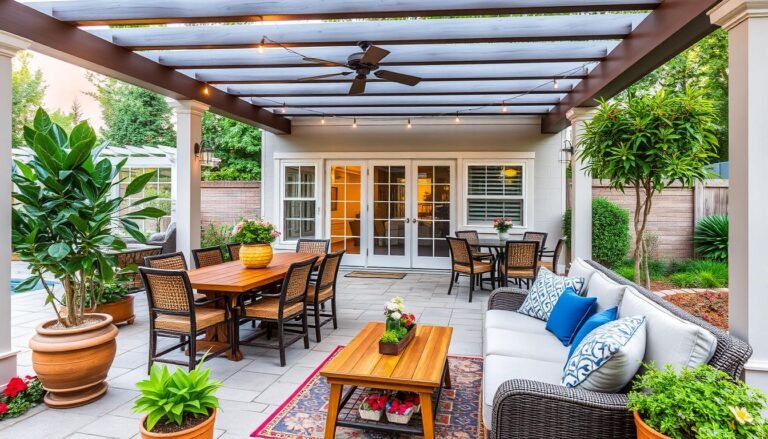 Beautiful outdoor living space with various furniture pieces including a sectional sofa, dining set, and decorative accessories