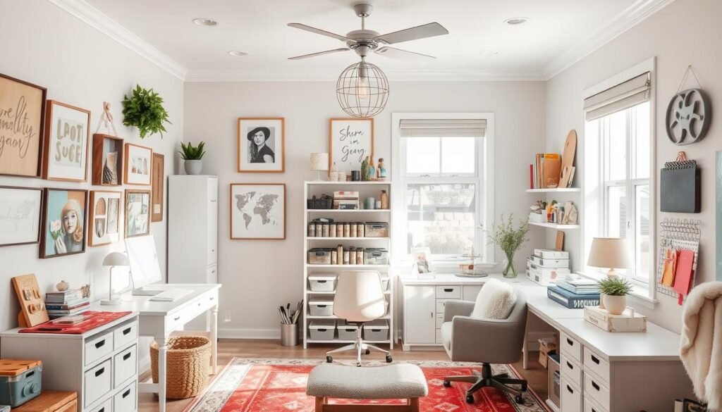 Beautiful, well-designed craft room showcasing various decor elements including wall art, organized storage, comfortable seating, and personal touches