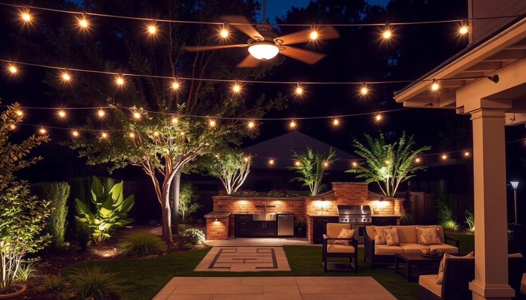 Beautifully lit outdoor living space at night with various lighting types