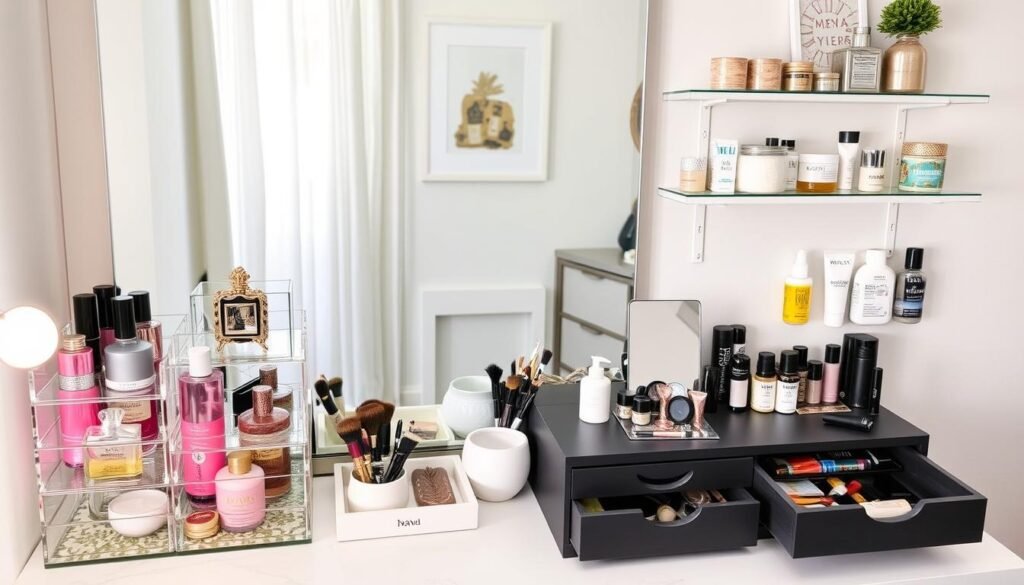 Beautifully organized vanity mirror area with practical storage solutions Beautifully organized vanity mirror area with practical storage solutions