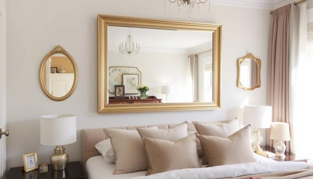 Beautifully styled bedroom with perfect mirror placement enhancing the space Beautifully styled bedroom with perfect mirror placement enhancing the space