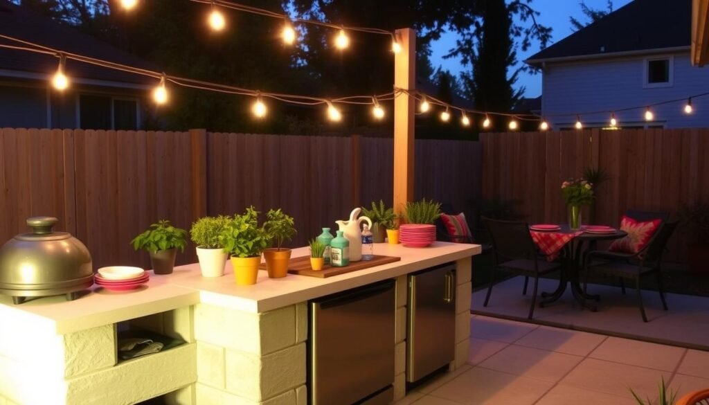 Beautifully styled budget outdoor kitchen with string lights, potted herbs, and colorful accessories