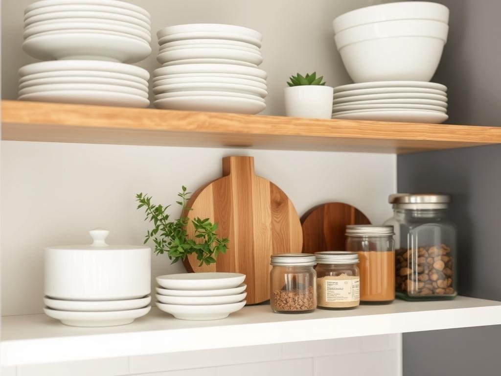 Beautifully styled open shelving in a small kitchen with color-coordinated items Beautifully styled open shelving in a small kitchen with color-coordinated items