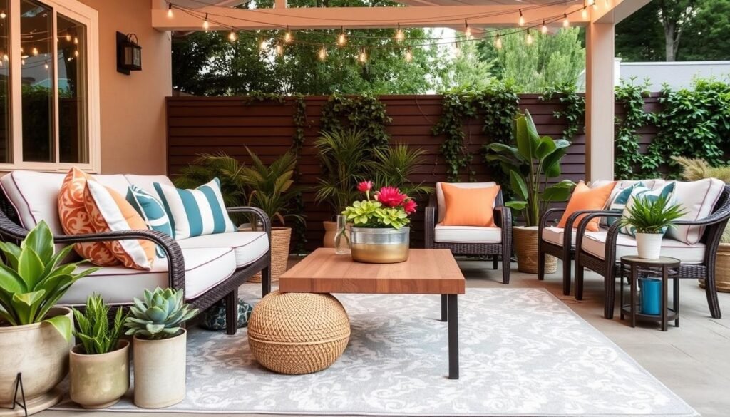Beautifully styled outdoor space with furniture, accessories, and lighting