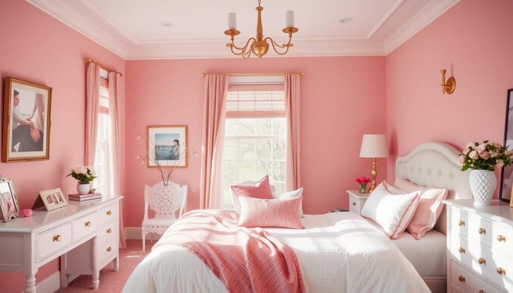 Beautifully styled pink bedroom with balanced design elements and personal touches