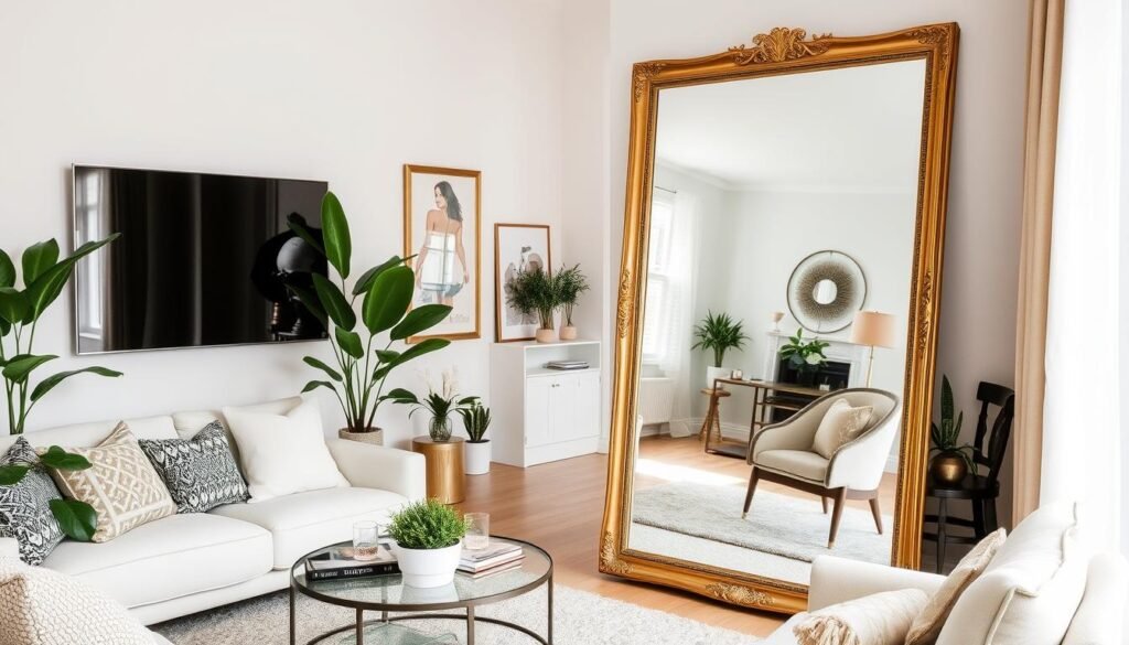 Beautifully styled room with a full length mirror as a focal point Beautifully styled room with a full length mirror as a focal point