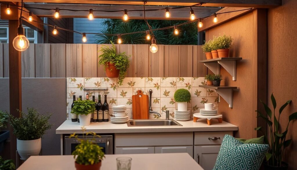 Beautifully styled small outdoor kitchen with lighting, plants, and cohesive design elements Beautifully styled small outdoor kitchen with lighting, plants, and cohesive design elements