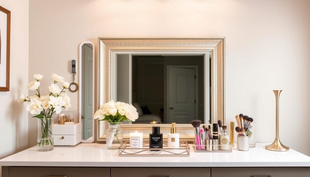 Beautifully styled vanity mirror area with decorative elements and organization Beautifully styled vanity mirror area with decorative elements and organization