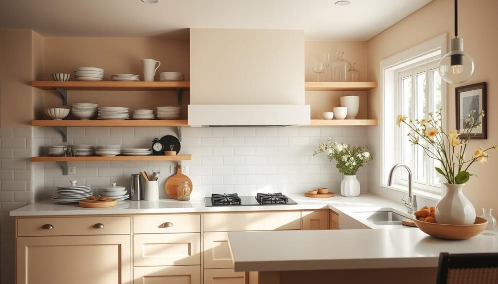 Beautifully styled warm neutral kitchen with open shelving and organized countertops Beautifully styled warm neutral kitchen with open shelving and organized countertops