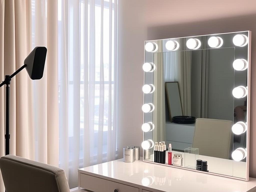 Beauty room lighting setup with vanity mirror lights and natural light