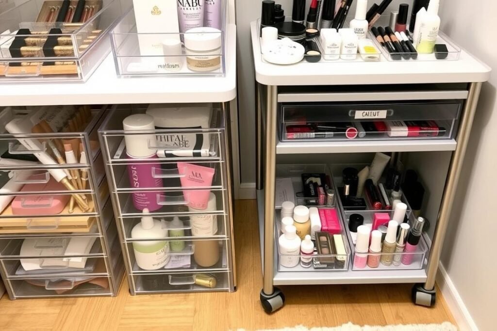 Beauty room storage solutions with acrylic organizers and labeled drawers