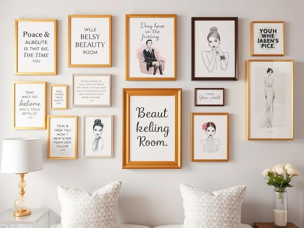 Beauty room wall with inspirational art and framed beauty quotes