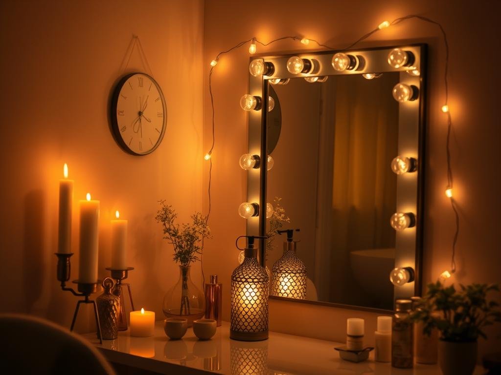 Beauty room with ambient lighting from candles and decorative lamps