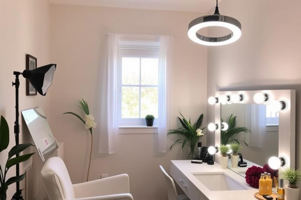 Beauty room with perfect lighting setup showing natural and artificial light sources
