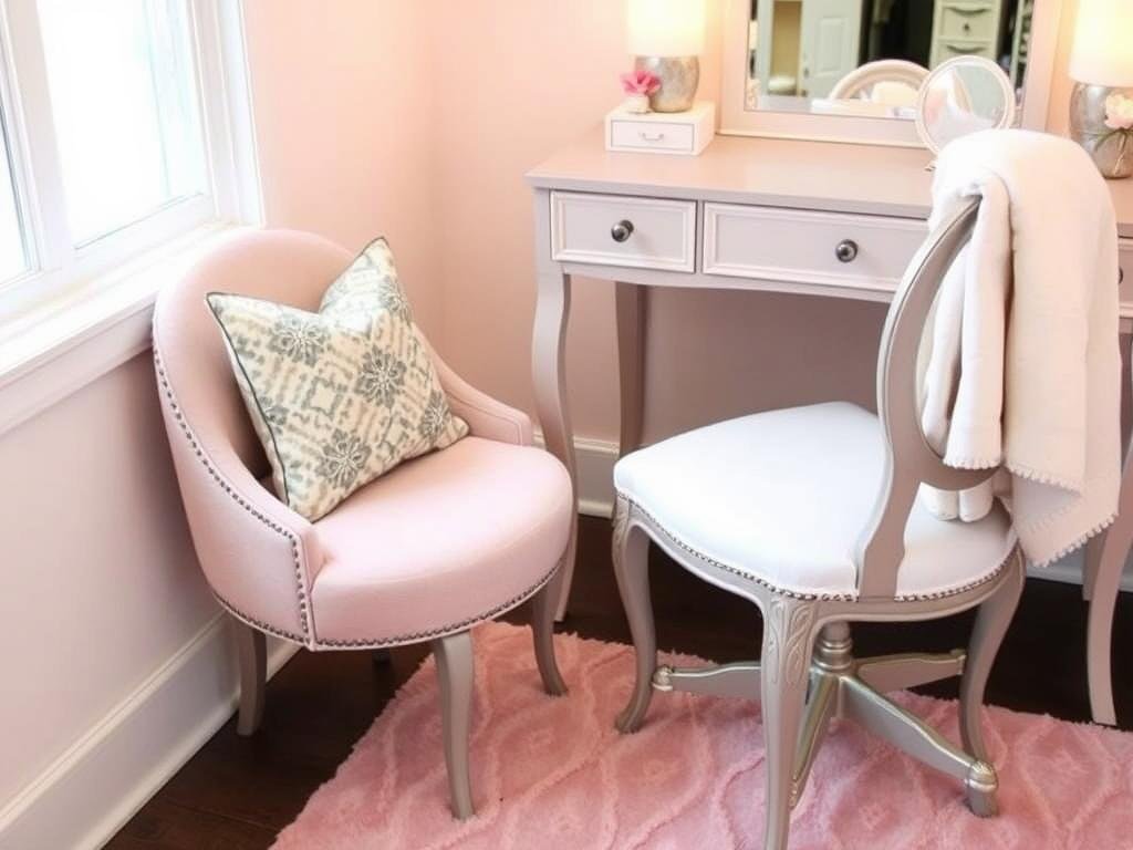 Beauty room with soft textiles including area rug and throw pillows
