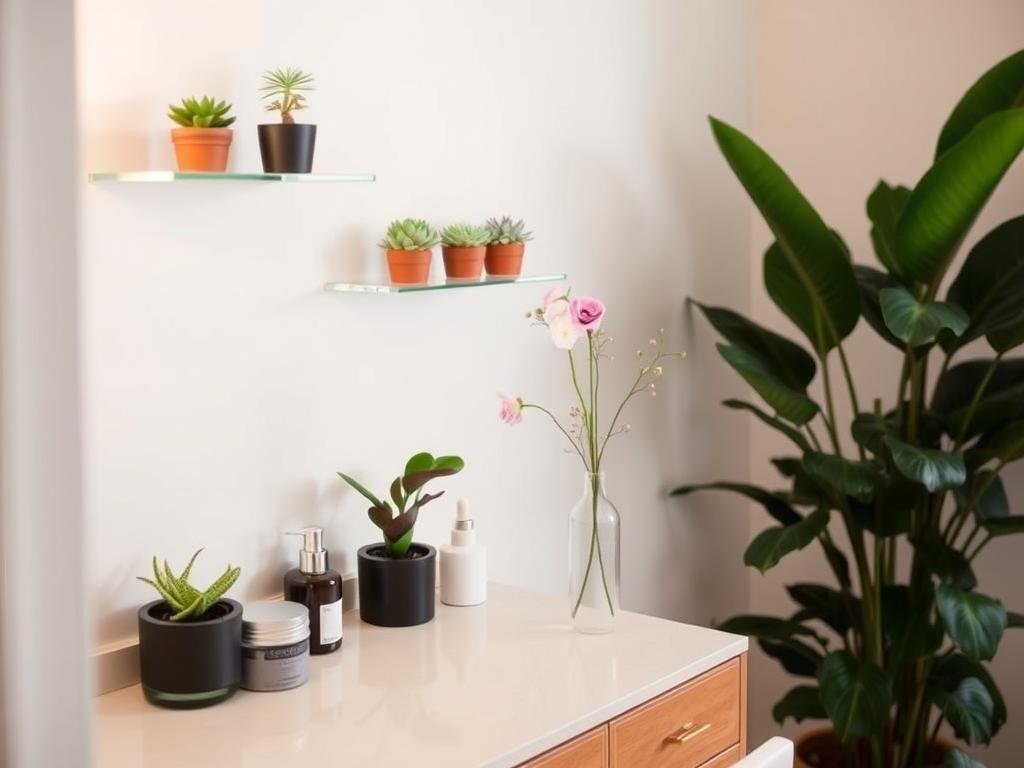 Beauty room with strategically placed plants and fresh flowers