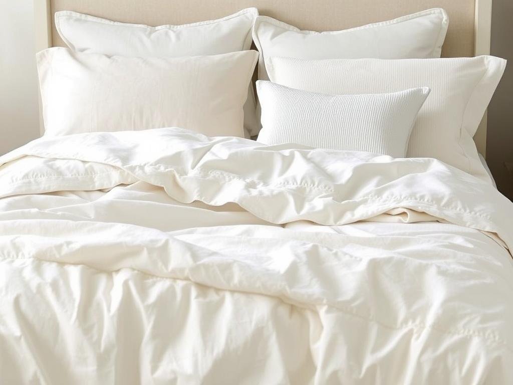 Bed with expertly layered white and beige bedding with textural elements