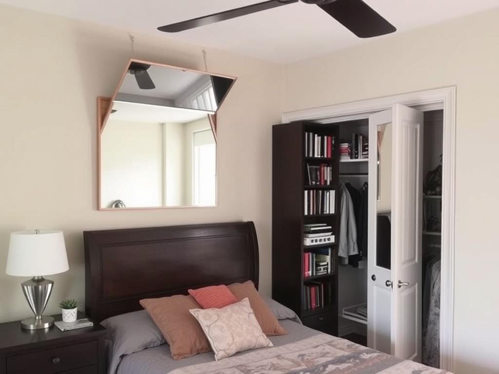 Bedroom ceiling with decorative mirror creating unique visual effect Bedroom ceiling with decorative mirror creating unique visual effect