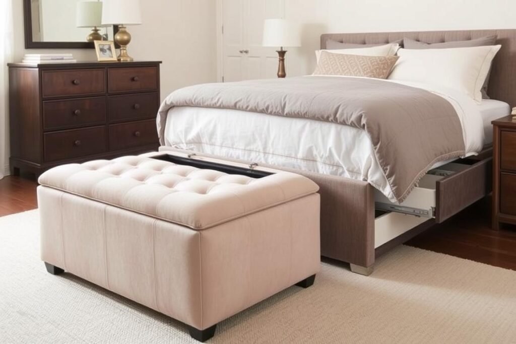 Bedroom featuring a storage ottoman and bed with drawers underneath