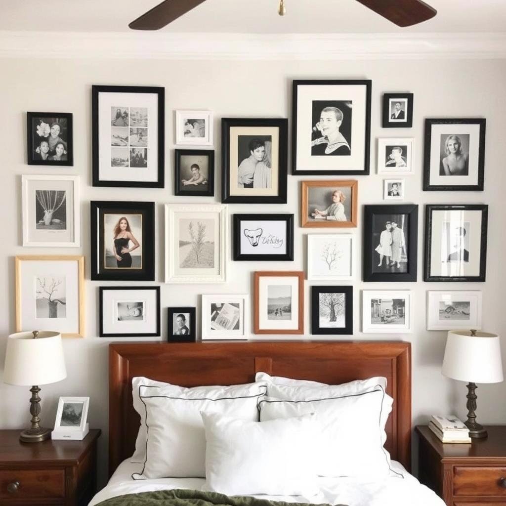 Bedroom gallery wall with mixed frame styles and art Bedroom gallery wall with mixed frame styles and art