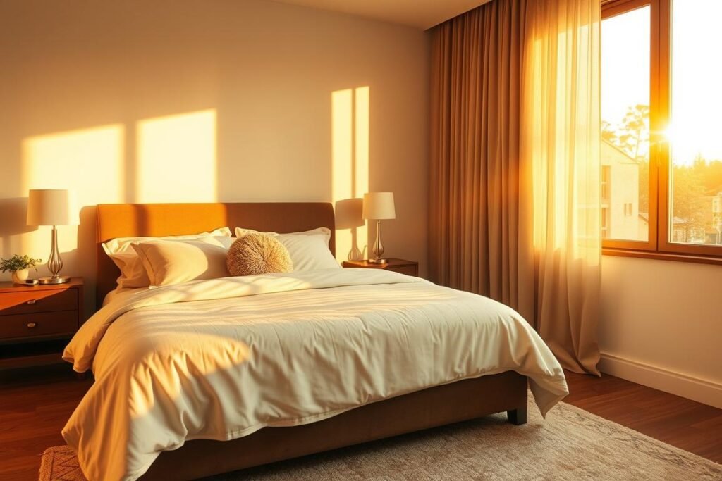 Bedroom photographed in golden hour light showing both wide angle and detail shots