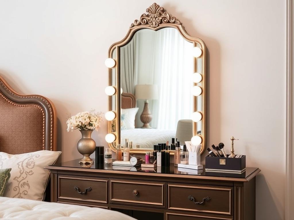 Bedroom vanity area with elegant tabletop mirror and styling Bedroom vanity area with elegant tabletop mirror and styling
