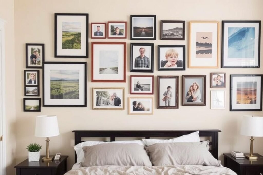 Bedroom wall with a gallery of personal photographs and meaningful artwork