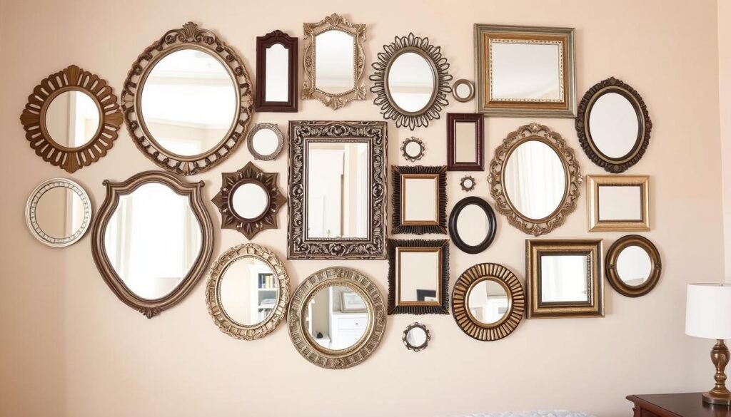 Bedroom wall with artistic arrangement of multiple decorative mirrors Bedroom wall with artistic arrangement of multiple decorative mirrors