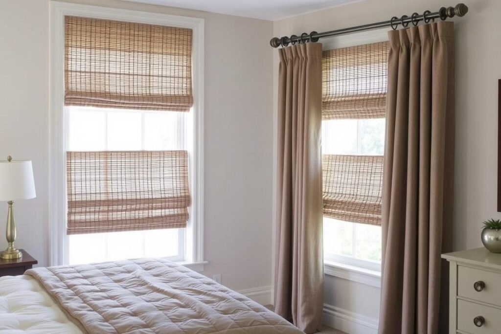 Bedroom windows with layered treatments including Roman shades and floor-length curtains