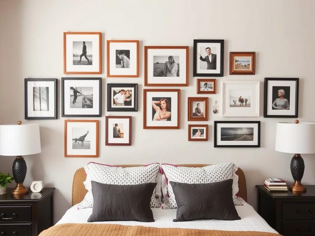 Bedroom with a personalized gallery wall of framed photos and art