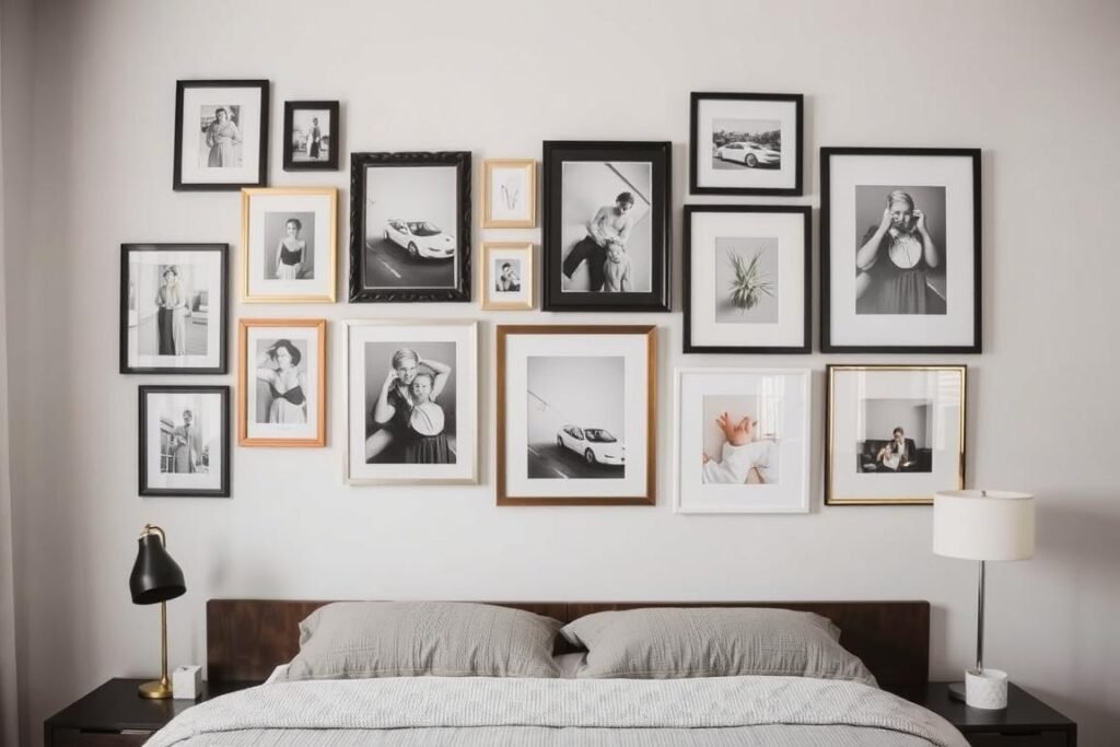 Bedroom with a stylish gallery wall featuring mixed frame sizes and art styles