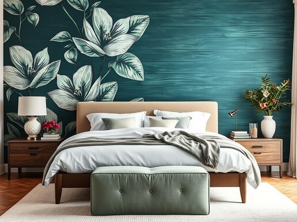 Bedroom with bold accent wall using wallpaper, paint, or textured panels Bedroom with bold accent wall using wallpaper, paint, or textured panels