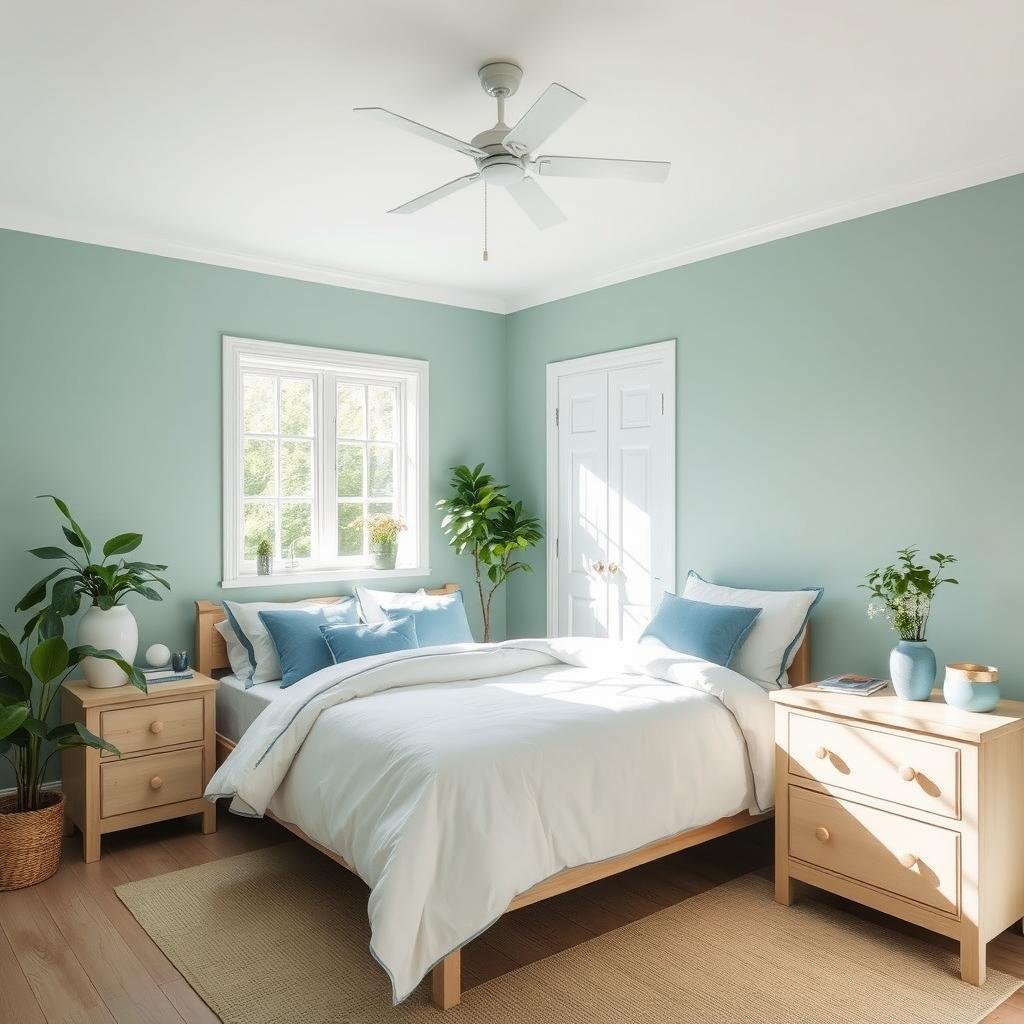 Bedroom with calming blue and green color scheme Bedroom with calming blue and green color scheme