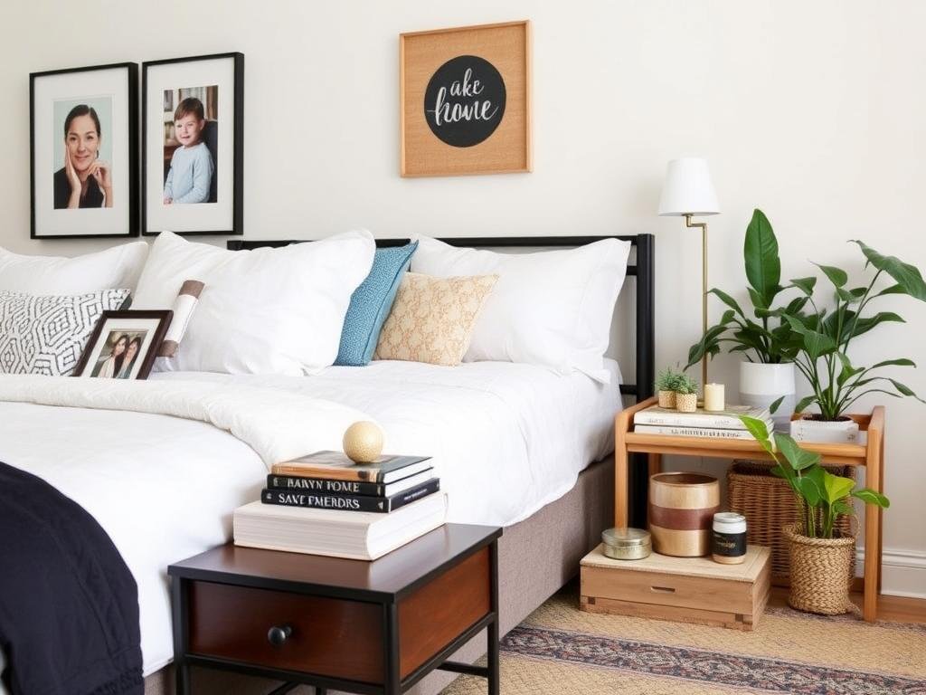Bedroom with carefully curated personal accessories including framed photos, books, and plants